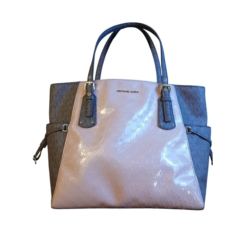 Michael Kors Voyager Tote Brown Pink Monogram Patent Mixed Media Shoulder Bag